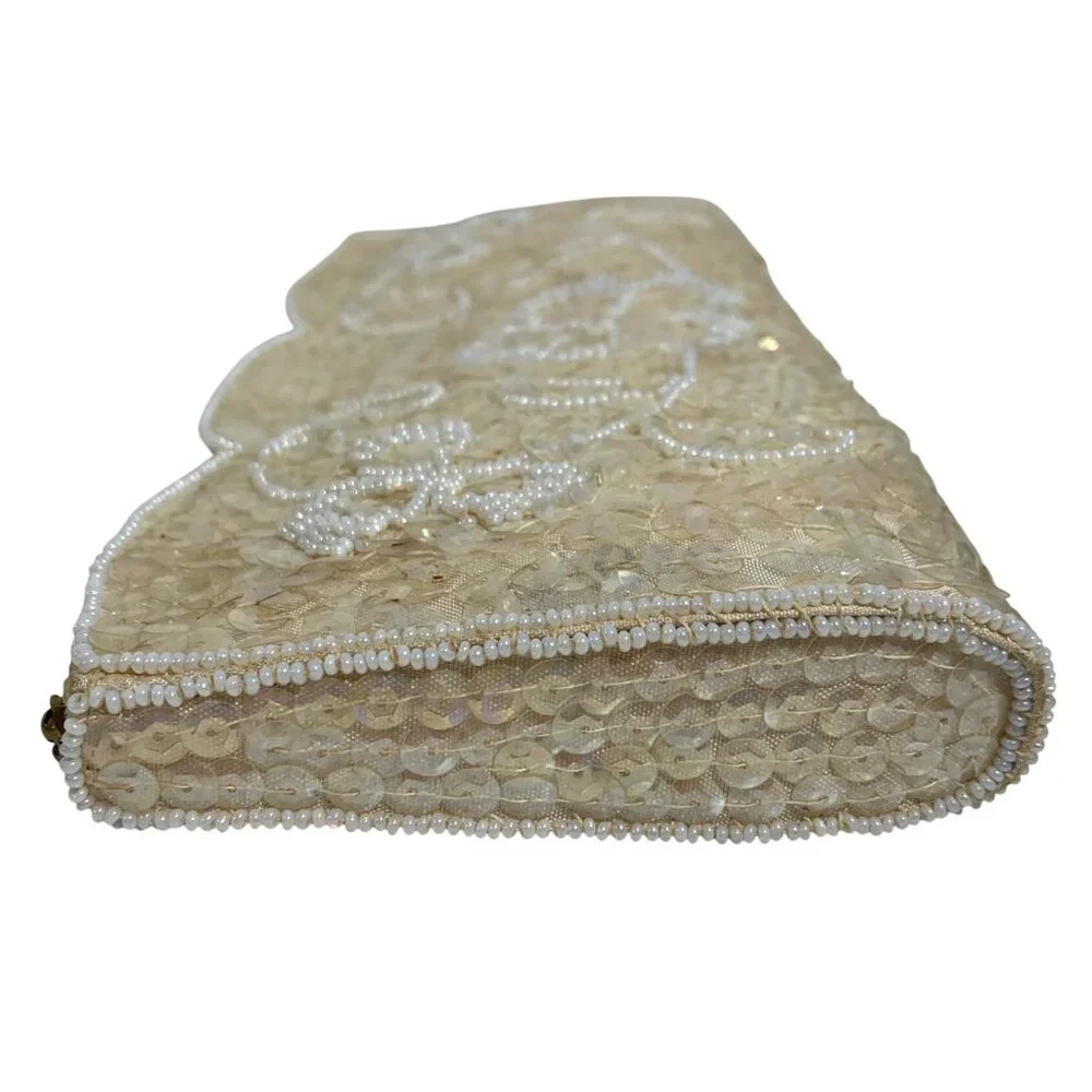 La Regale Vintage Ivory Beaded Sequin Floral Evening Clutch Purse With Box
